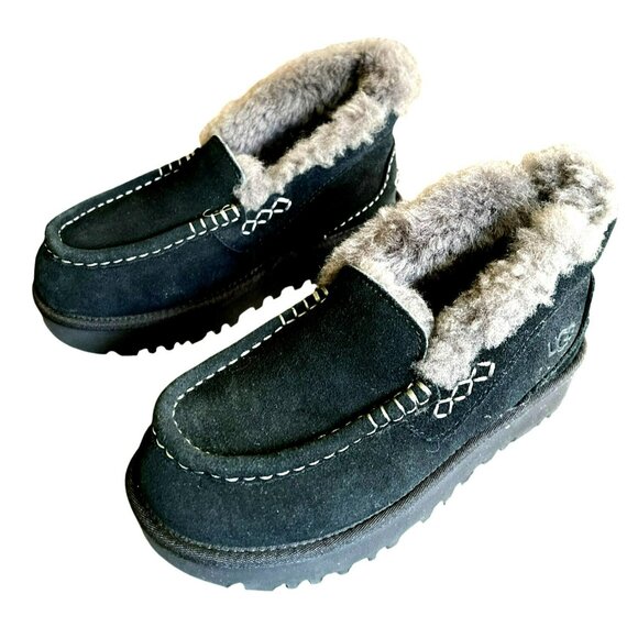 NEW UGG Black Suede Ansley Parc Fur Platform Winter Slip on Boot Size 7 - Picture 5 of 11